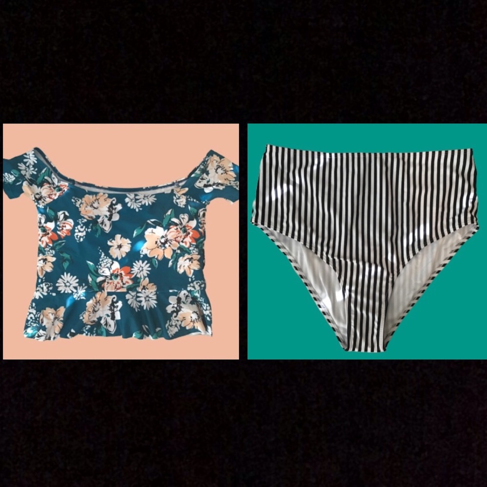 Off the Shoulder Striped Floral High Waist Tankini